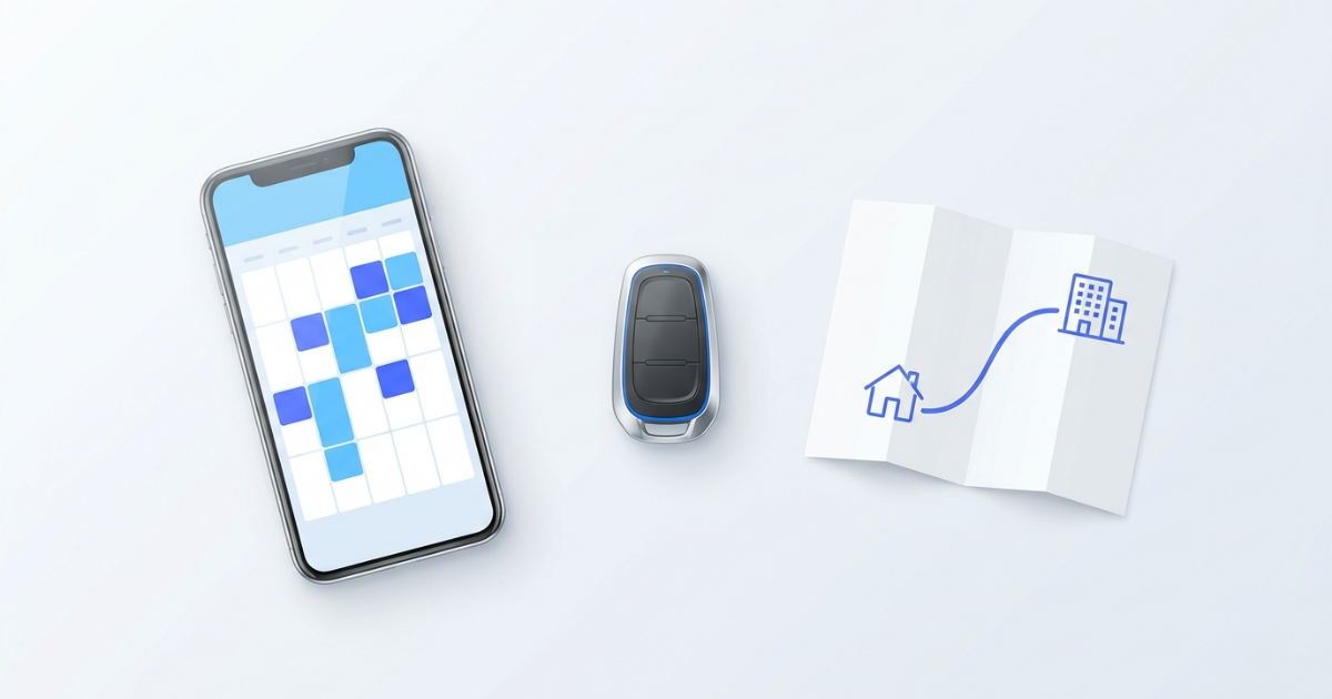 Een telefoon met een agenda vol blauwe blokken, een autosleutel en een opgevouwen kaart met een route van een huis naar een kantoorgebouw.